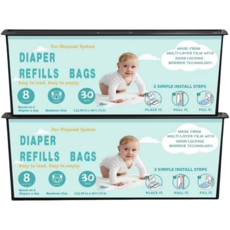 Diaper Pail Refills Bags with 30 Bags Compatible with Genie Easy Roll Signature and Platinum Diaper Pails, 7-Layer Odor-Barrier Technology-2 Packs