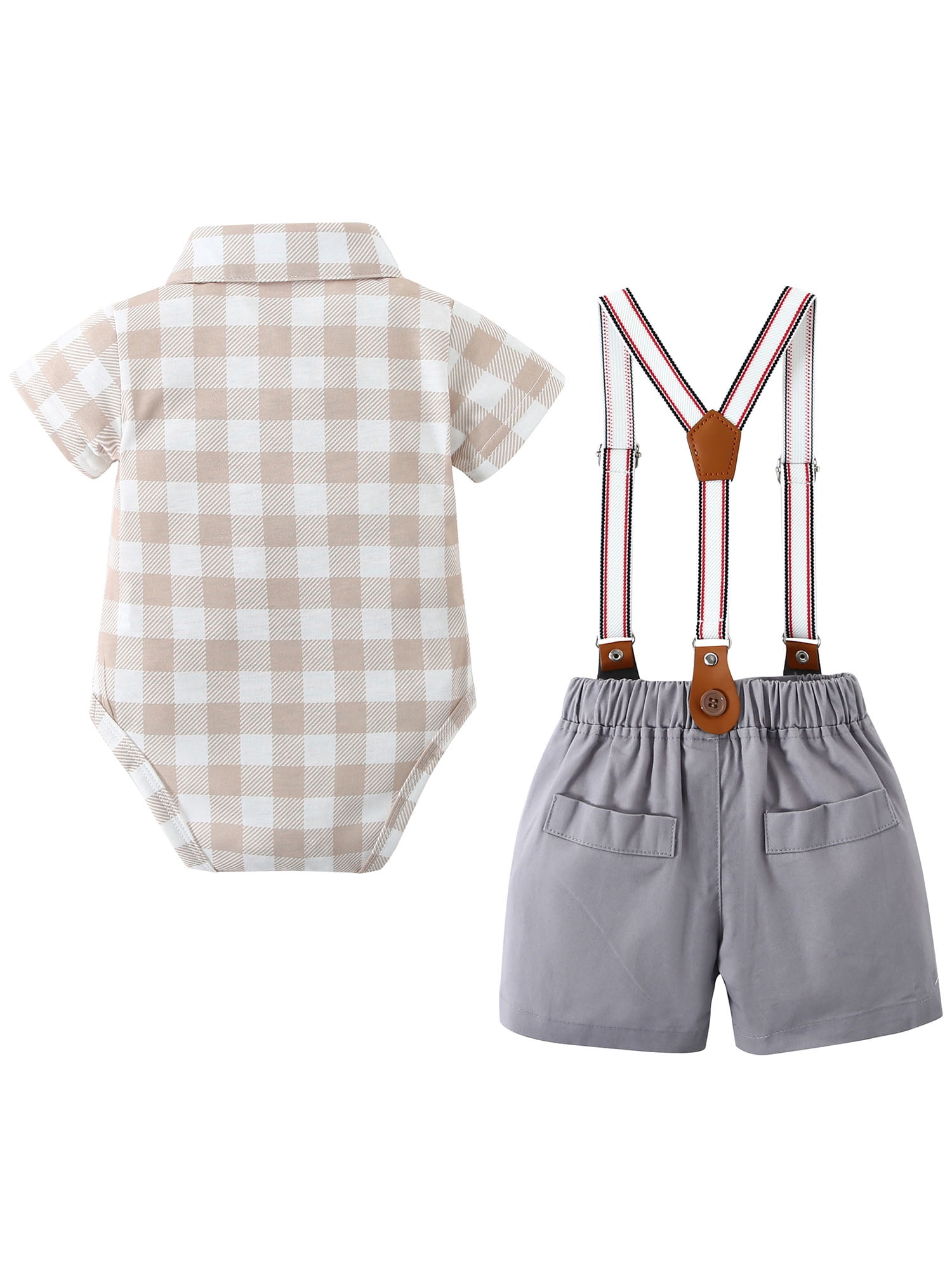 CARETOO Newborn Baby Boy Clothes Outfits Suits Plaid Bodysuit Shirts Suspender Shorts 12-18 Months