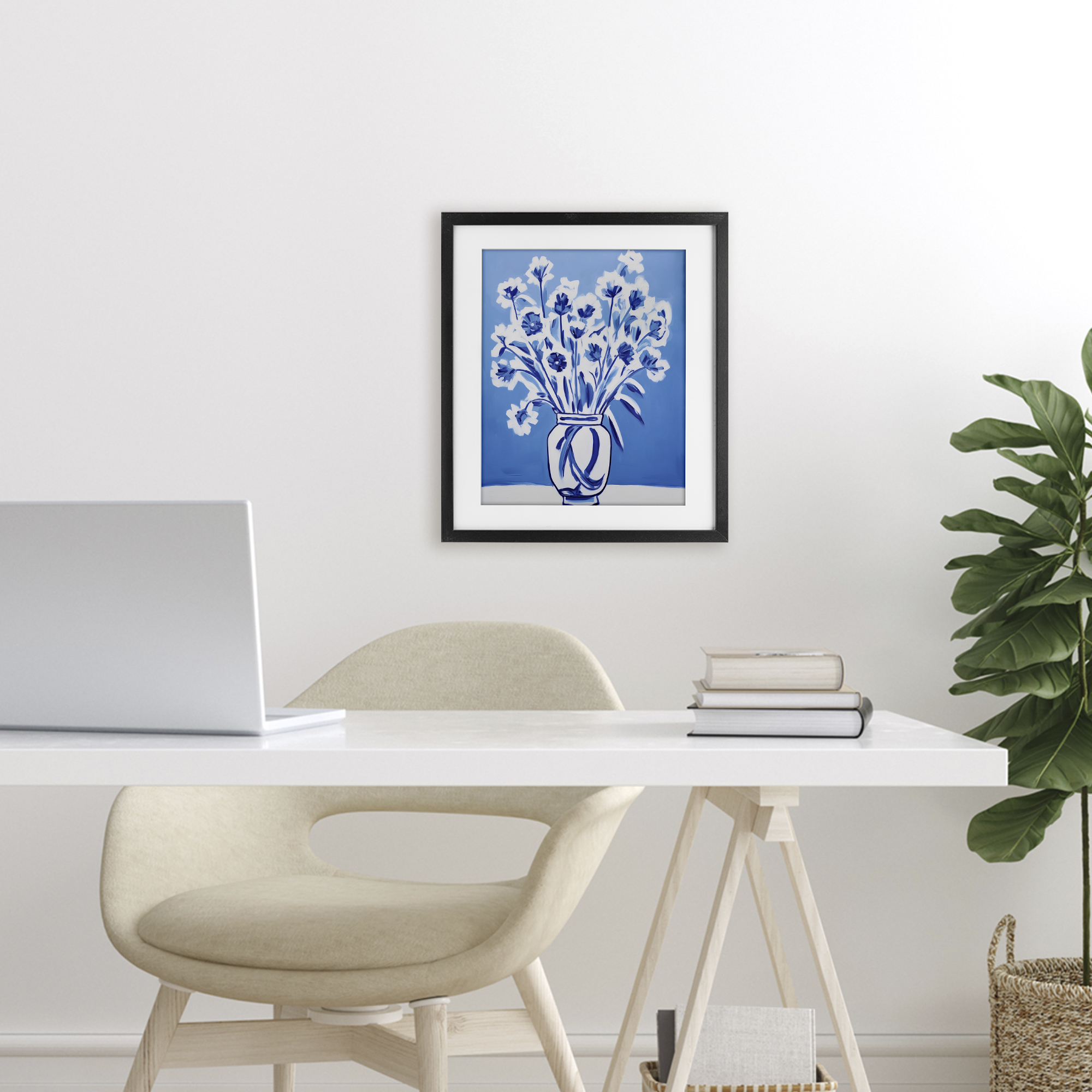 Blue & White Contrast Flowers Black Framed Print Under Glass, design by Lettered and Lined
