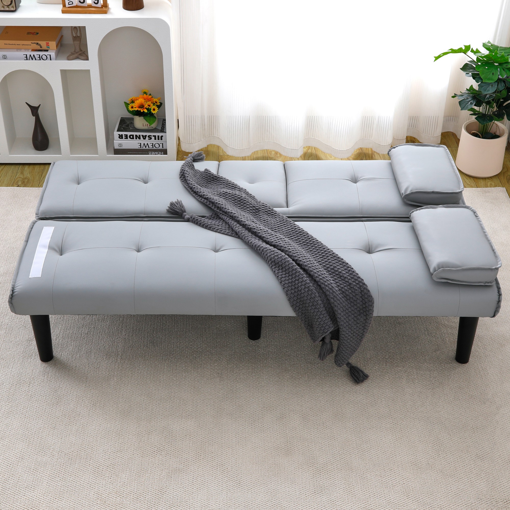 67 inch Futon Sofa Bed Faux Leather Couch Modern Convertible Folding Recliner with 2 Cup Holders for Living Room,Bedroom,Light Gray