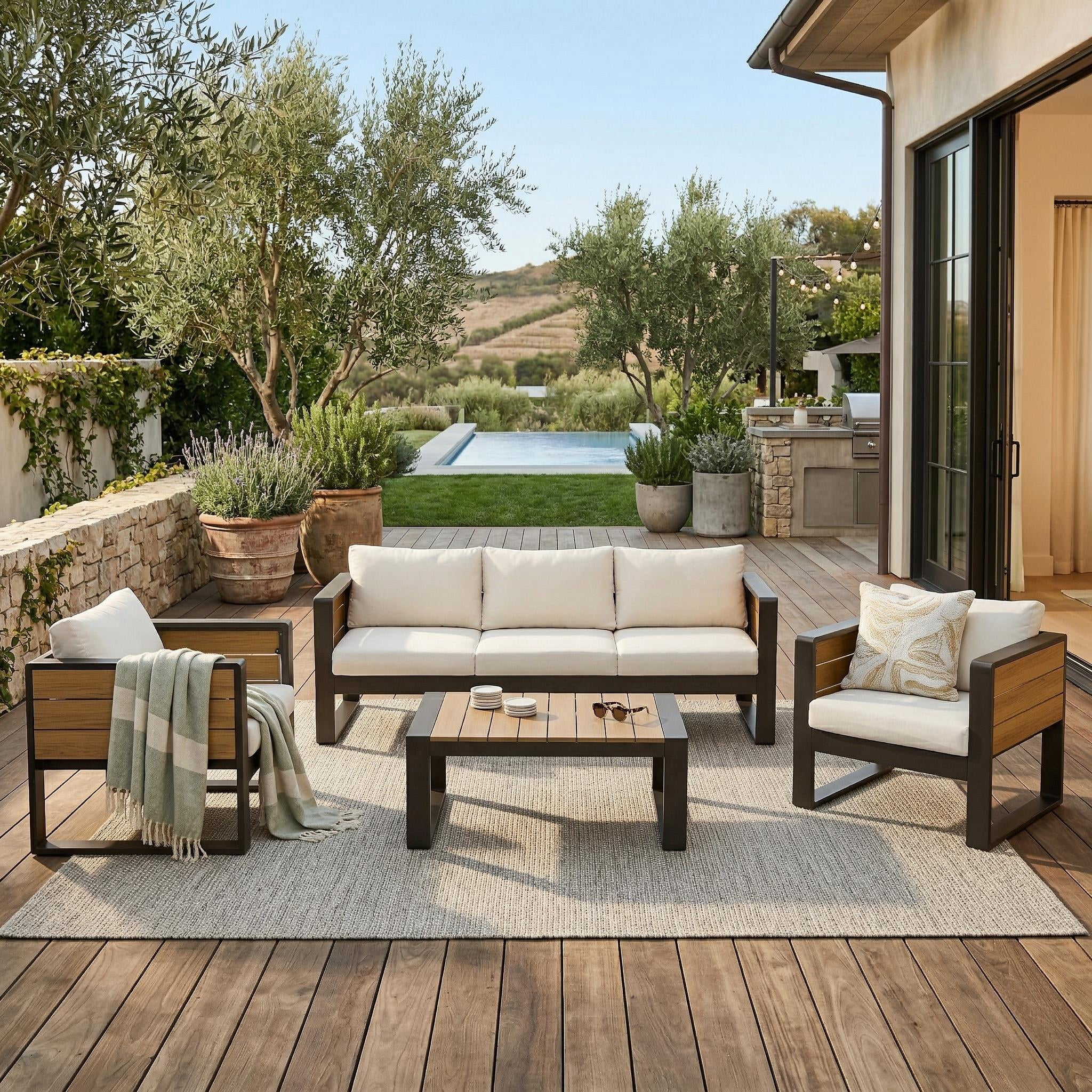 Mintazer 4-Piece Aluminum Patio Conversation Set with Tables & Sofa and 2 Armchairs, Modern Outdoor Furniture Set with Cushions for Patio Garden Balcony Backyard, Beige & Natural
