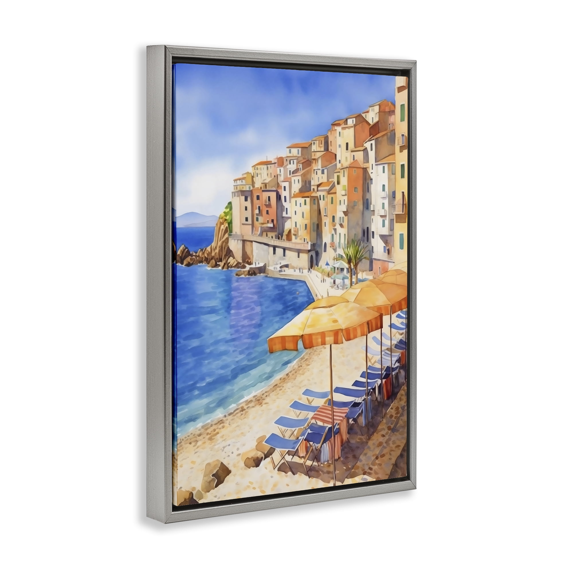 Stupell Industries Beach Lounging on Mediterranean Shore Gray Framed Floater Canvas Wall Art, design by Creative Studio