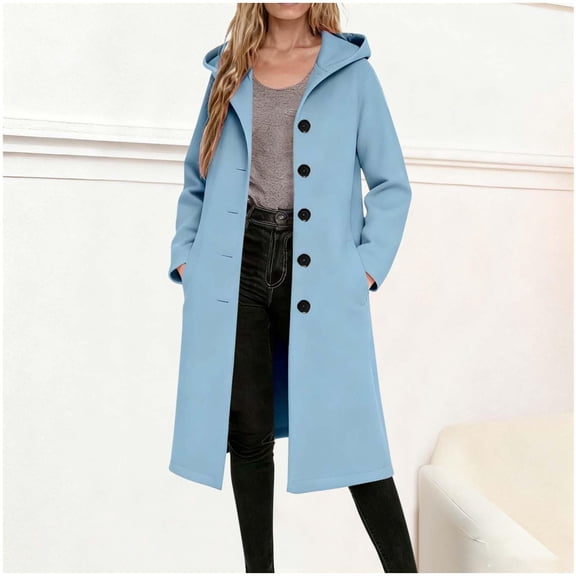 Trench Coat Women with Hood Single Peacoats (Light Blue XL)