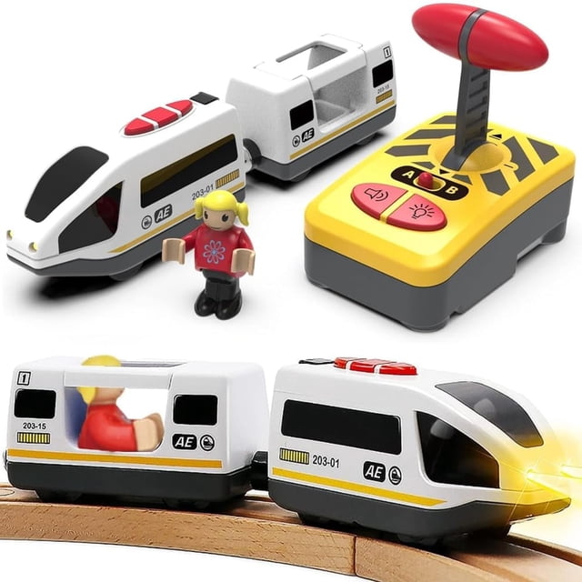 HYPERLIVING Tren de Madera Motorizado, Tren de Control Remoto con Conexión Magnética, Tren Locomotora Que Funciona con Baterías para Niños Pequeños, Compatible con Thomas, Brio, Chuggington