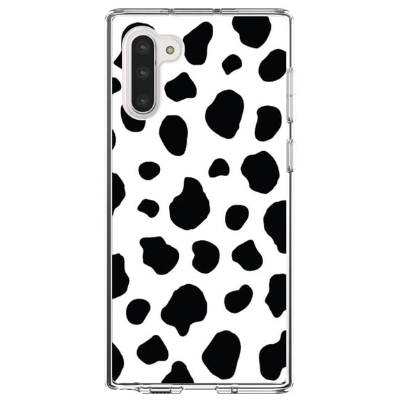 DistinctInk Clear Shockproof Hybrid Case for Samsung Galaxy Note 10 (6.3" Screen) - TPU Bumper, Acrylic Back, Tempered Glass Screen Protector - Black White Cow Dalmatian Spots - Animal Print