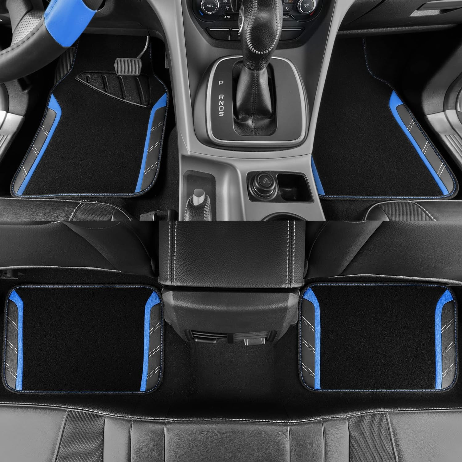 CAR GRAND Leather Steering Wheel Cover and Waterproof Car Floor Mats,Microfiber Universal Car Combo Fit for 95% Sedan,SUV,Cars,14.5-15inch Sporty Anti-Slip Safety Comfortable Design(Black＆Blue)