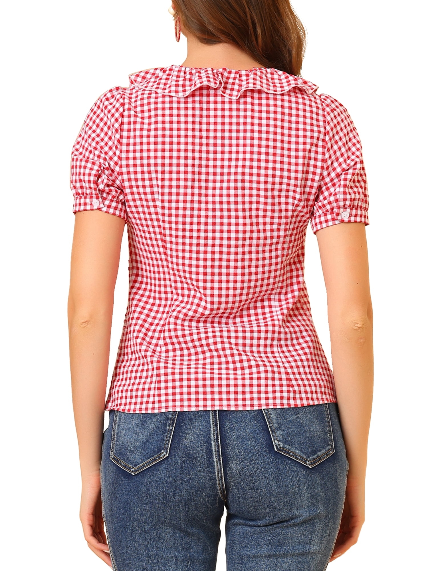 Unique Bargains Women's Puff Short Sleeve Peter Pan Collar Ruffle Plaid Shirt Top XS Red