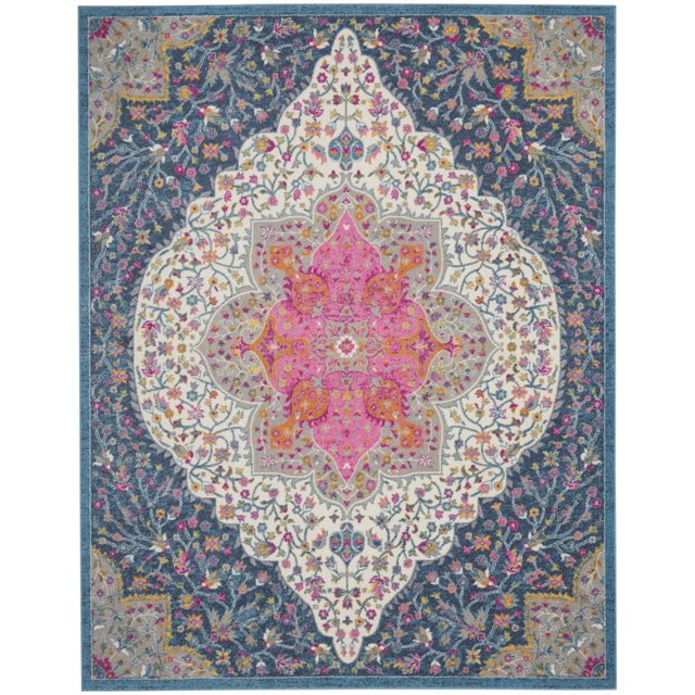 homeroots home decor 385749 7’ x 10’ Blue and Pink Medallion Area Rug