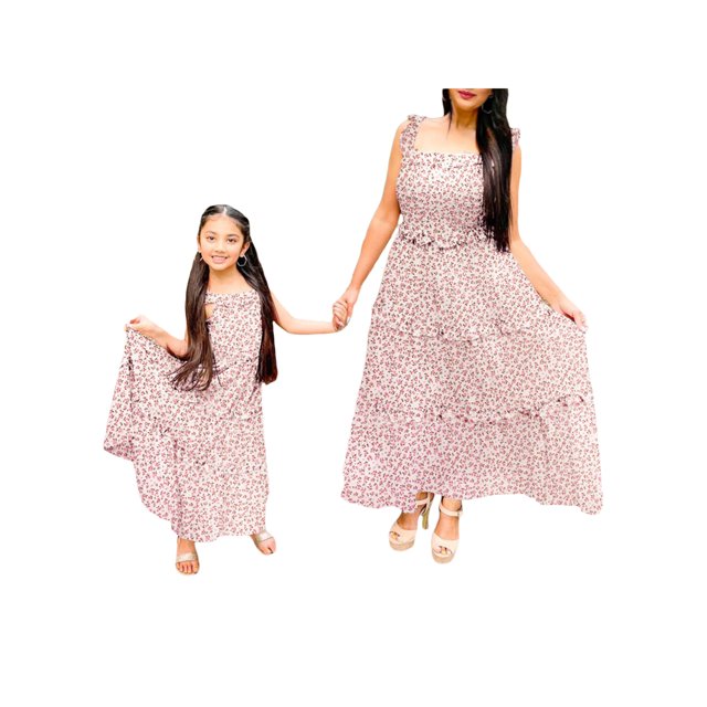 Faithtur Robe Assortie Mère-Fille Femme Fille à Volants Imprimé Floral Bohème Sans Manches Vêtements de Famille