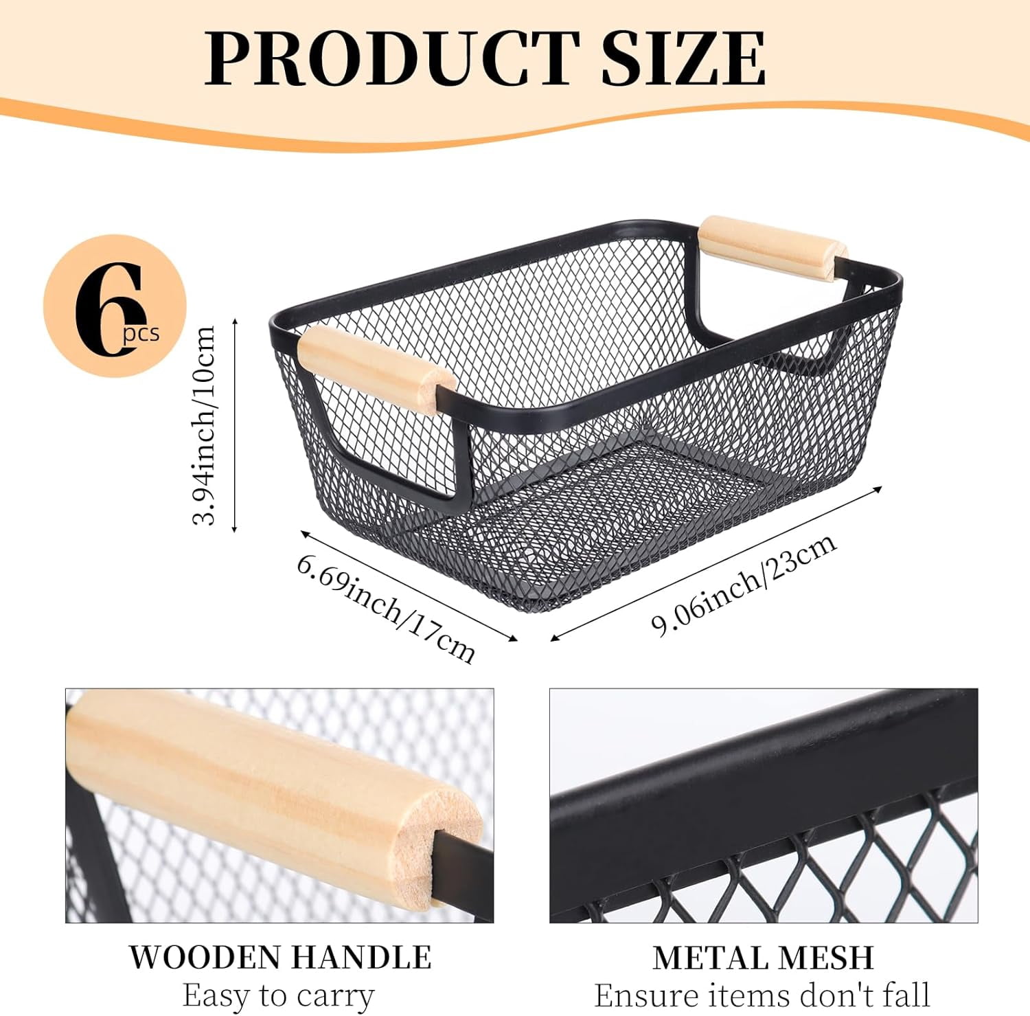 6Pack Black Wire Basket with Wooden Handle, Storage Bins for Pantry, Metal Mesh Basket for Kitchen Organization, Snack Organizer for Home Cabinet Closet Bathroom Fridge Fruit Makeup and Office