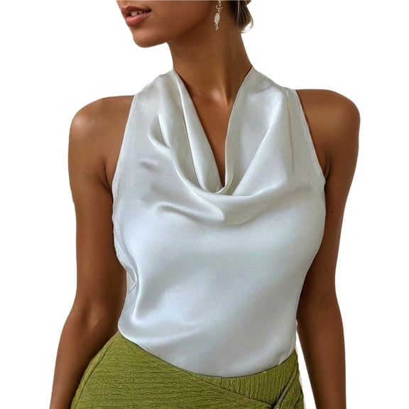 DAFPZW Cowl Neck Tops for Women Silk Satin Going Out Tank Top Trendy Summer Camisole Business Casual Blouses Outfits