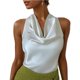 thumbnail image 1 of Blusas de Satén para las Mujeres Vestido Elegante sin Mangas Cuello de Vaca Blusa de Corbata Trasera, Color Sólido Cortado Top para Bodas Y Fiestas de Verano, 1 of 5