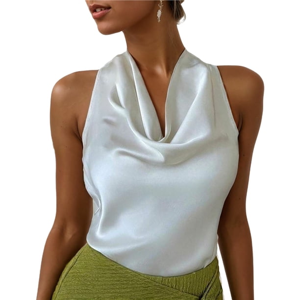 Blusas de Satén para las Mujeres Vestido Elegante sin Mangas Cuello de Vaca Blusa de Corbata Trasera, Color Sólido Cortado Top para Bodas Y Fiestas de Verano
