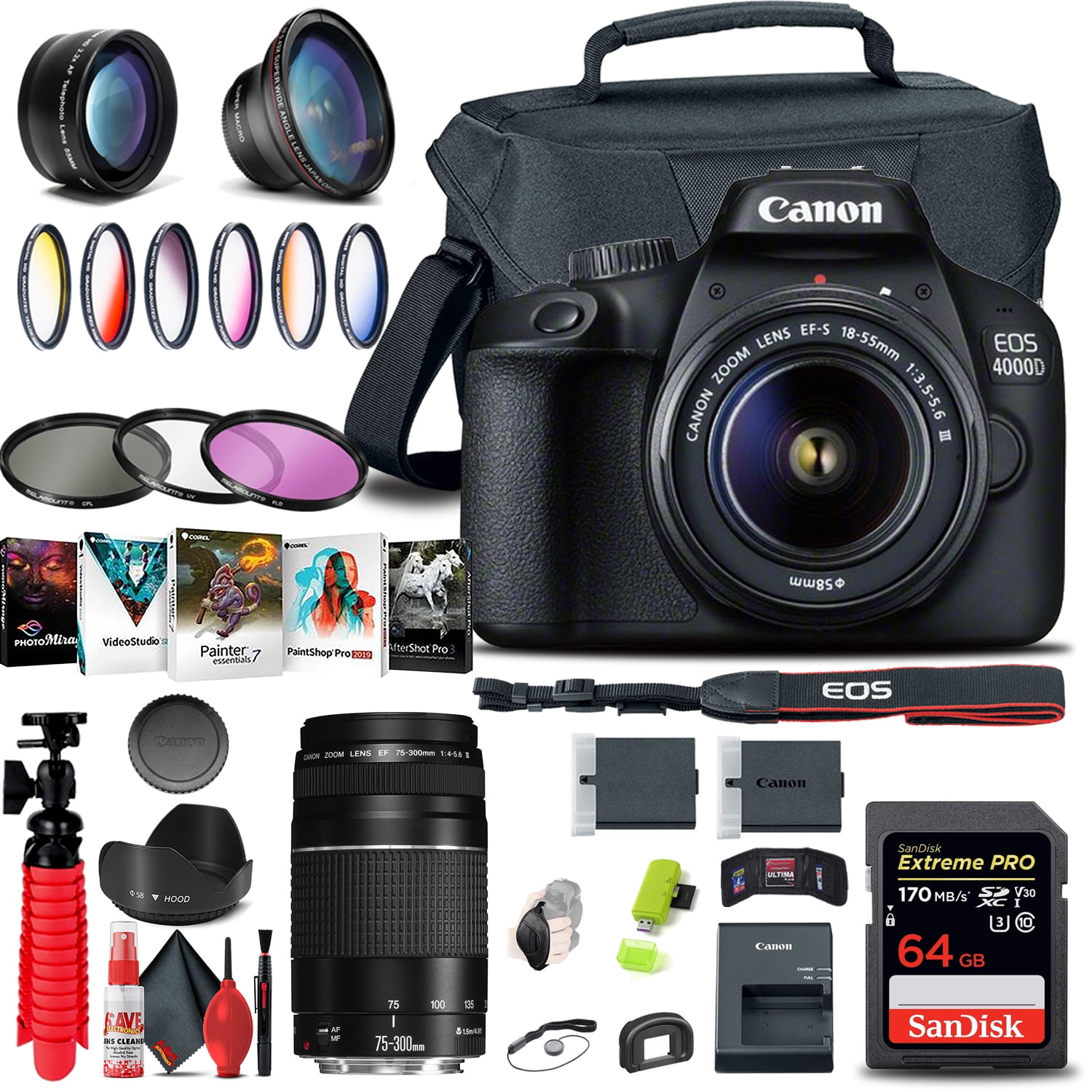 Canon EOS 4000D / Rebel T100 DSLR Camera with 18-55mm Lens + EF 75-300mm + More (International Version)