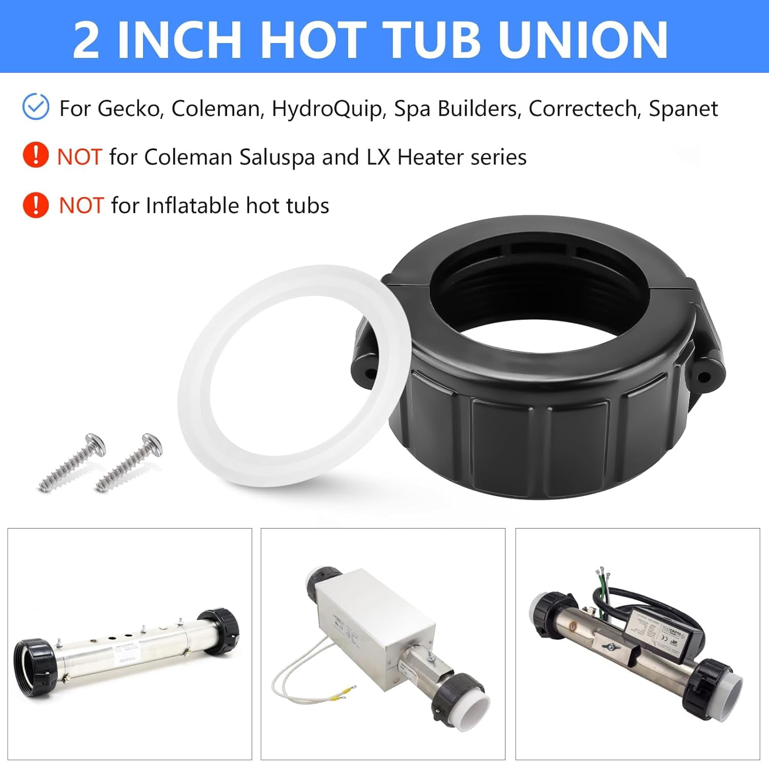 2 Inch Spa Hot Tub Heater Split Nut Unions with Screw and Gasket/O-Rings, Compatible with Balboa Heater, Black