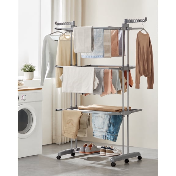 4 - Tier Foldable Stainless Steel Clothes Drying Rack, 68.1" Tall, Rolling, for Indoor/Outdoor Use, Dove Gray