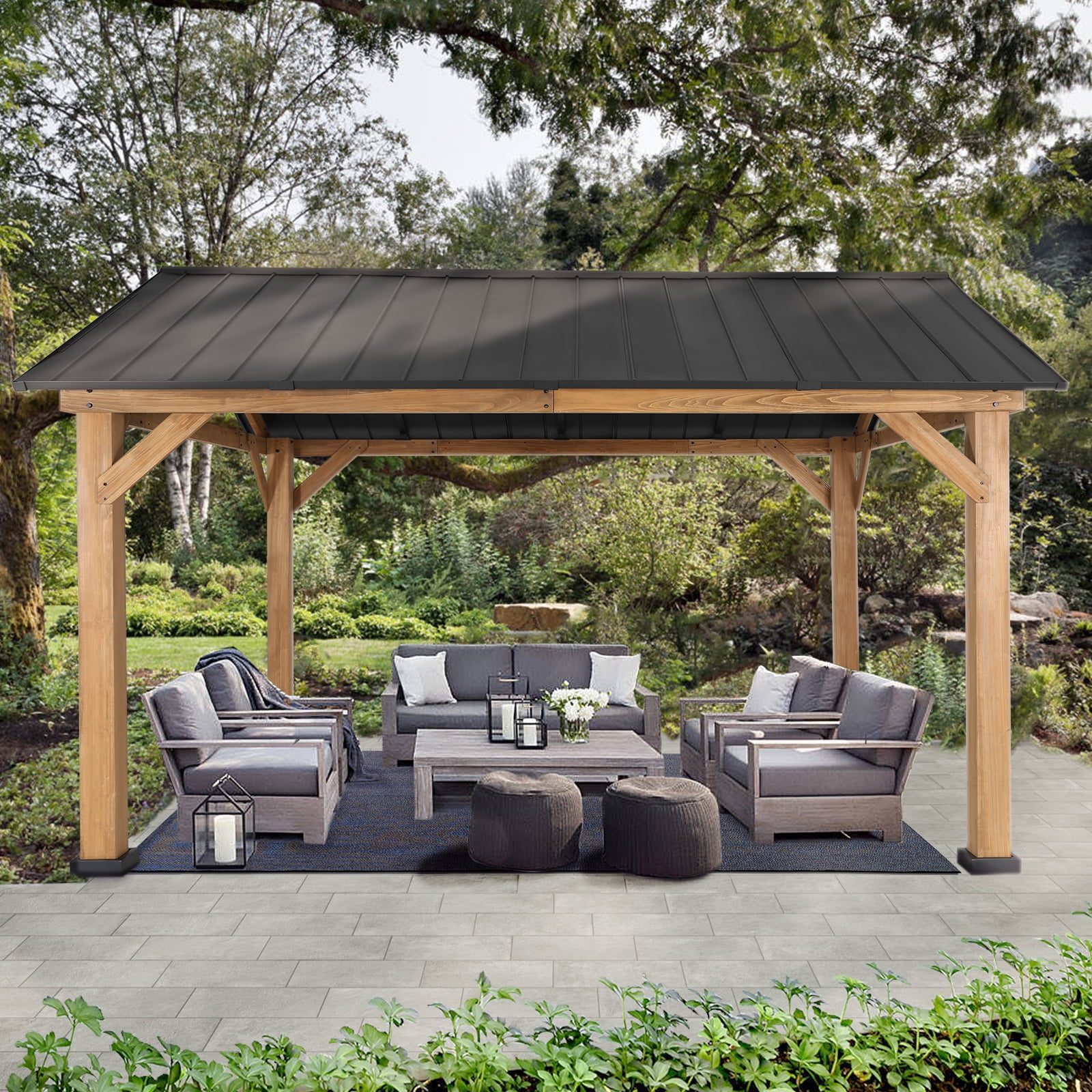 MeetLeisure 11' x 13' Cedar Solid Wood Hardtop Gazebo, Outdoor Patio Gazebo with Steel Roof, Black