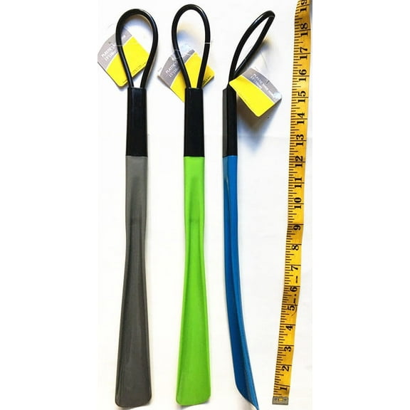 Set of 3 Long 15" (38cm) Plastic Shoe Horns Flexible Handle Green Blue Grey