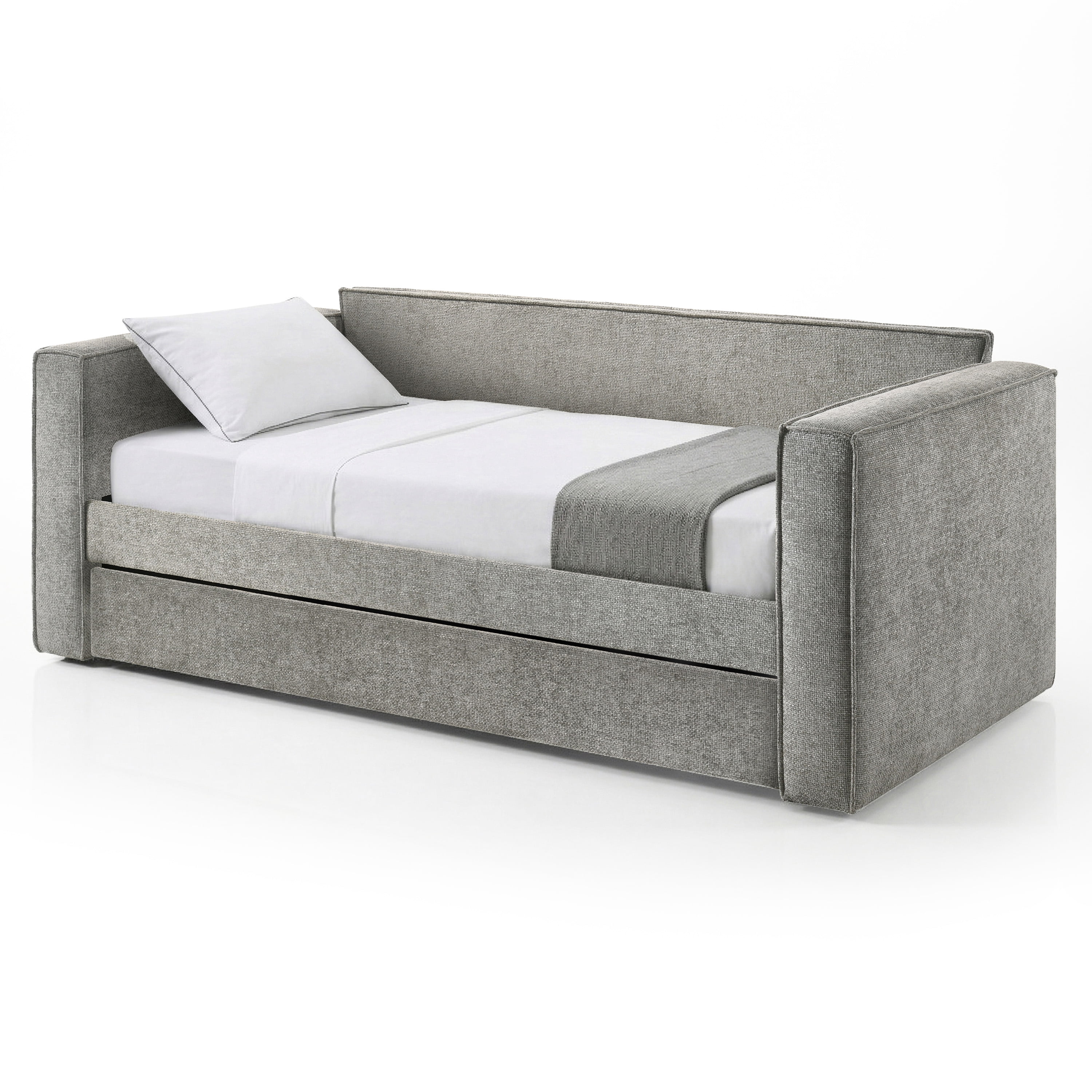 Furniture of America Hearth Fully Fabric Upholstered Square Arm Twin Daybed with Trundle, Slate Gray