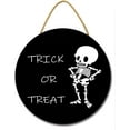 thumbnail image 1 of Eveokoki 11" Trick or Treat Funny Skeleton Halloween Decoration Halloween Sign for Front Door Round Wooden Hanging Wreaths for Home Wall Decor Halloween Day Party Decoration Outdoor Indoor, 1 of 5