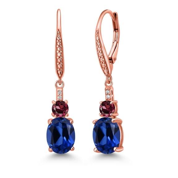Gem Stone King 18K Rose Gold Plated Silver Blue Created Sapphire and Red Rhodolite Garnet Dangle Earrings for Women with Lab Grown Diamond (5.37 Cttw, Oval 9X7MM)