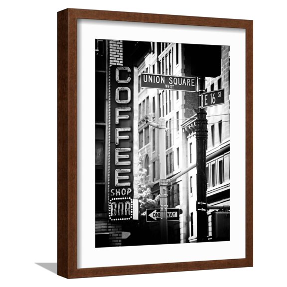 Art.com Coffee Shop Bar Sign, Union Square, Manhattan, New York, US, Old Black and White Photography Photographic Print by Philippe Hugonnard, Brown Frame Wall Art, 17" x 21"