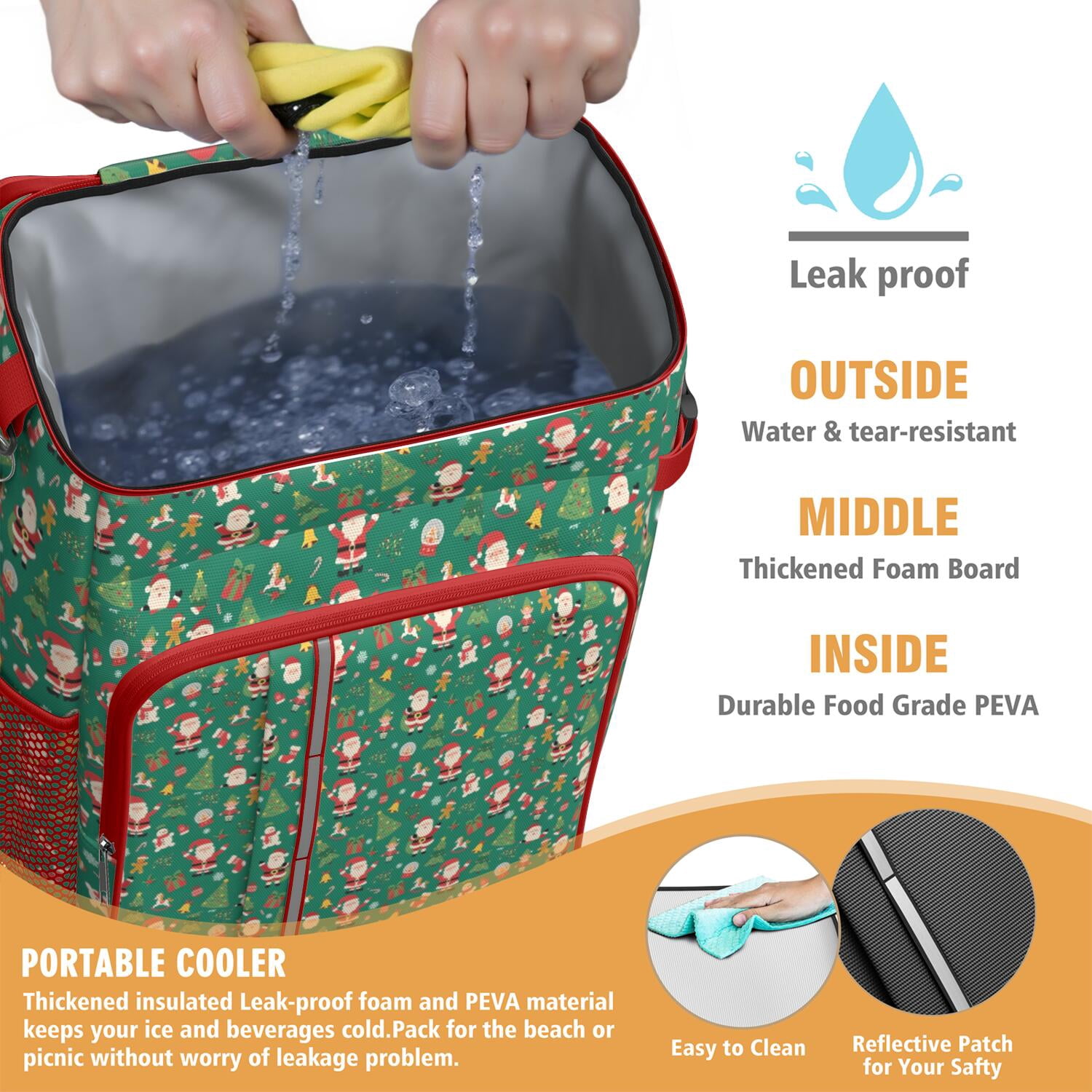 Travel Cooler Bag - Green Christmas Santa and Icon Pattern Camping Beer Cooler Backpack with Bottle Opener- Waterproof Insulated Picnic Backpacks - Cooler Bag for Beach