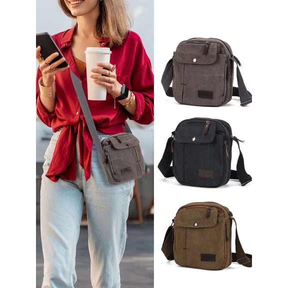 LAVA Small Canvas Crossbody Bag for Men Women Multi- Pockets Shoulder Purse Vintage Messenger Bags for Travel Work Business Black