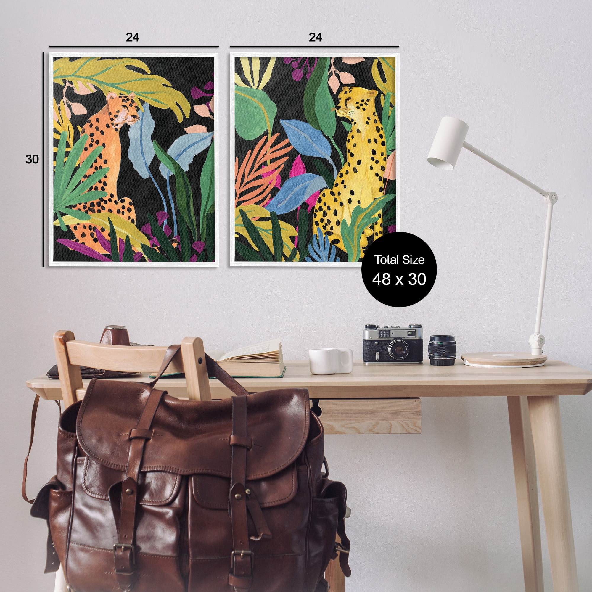 Stupell Industries Leopards & Tropical Leaves Animals & Insects Painting White Framed Art Print Wall Art, 24 x 30, Set of 2