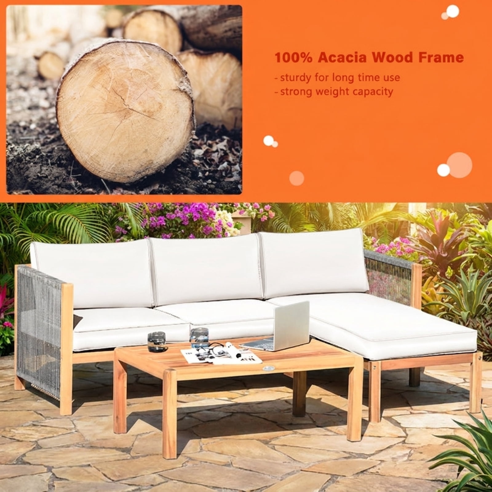 Furnibear 3 Pieces Patio Furniture Set Outdoor Acacia Wood Conversation Sofa Set with Nylon Rope Armrest and Thick Padded Cushions for Backyard Garden Deck, White