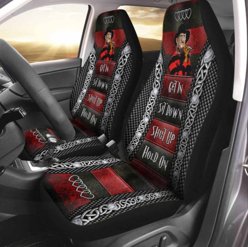 Fred Krue Sweet Dreams Get In Sit Down Shut Up Hold On Car Seat Covers Set 2Pc With Foaming Lining, Halloween Decorative Automotive Car Decor. Horror Movies Halloween Car Decor