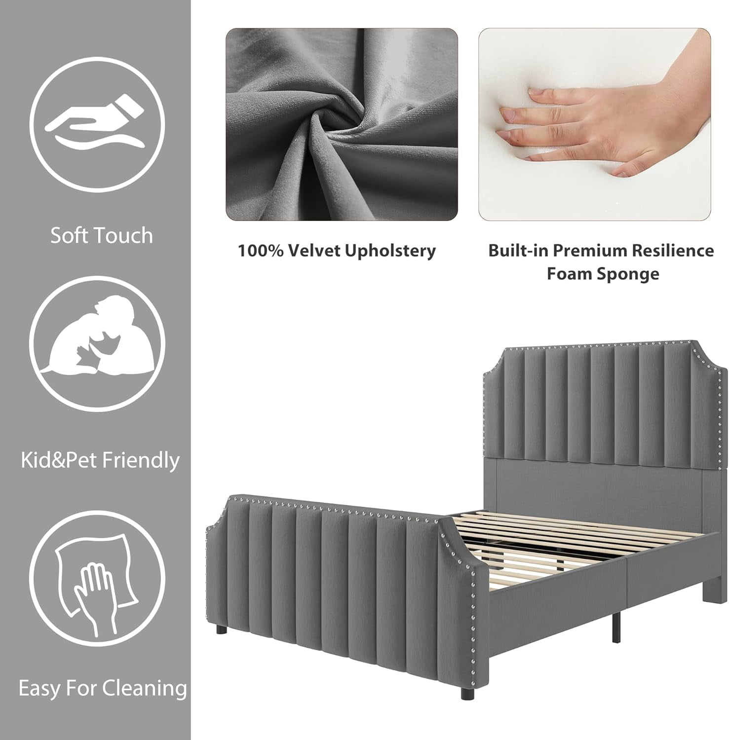 Garvee Queen Size Platform Bed Frame, Velvet Upholstered with 50.2" Channel Tufted Headboard, Nailhead Trim, Sturdy Wood Slats, No Box Spring Needed, Grey