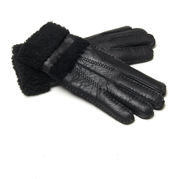 Jtbuh XLY Women's Winter Sheepskin Shearling Leather Gloves Wool Lined Furry Cuffs