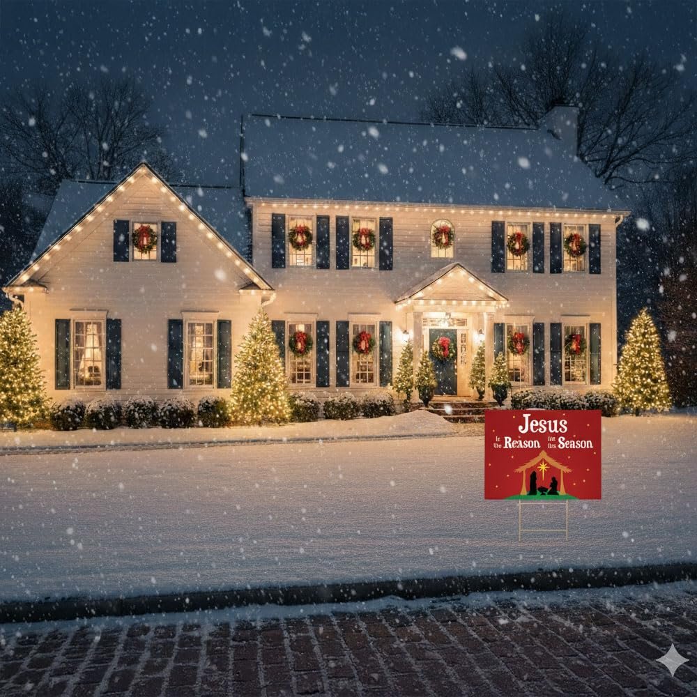 Jesus Is The Reason for The Season Sign Christmas Outdoor Decorations Christmas Double Sided Yard Lawn Signs with Metal Stand Nativity Decor for Church Home Business Stores Party 18 x 24