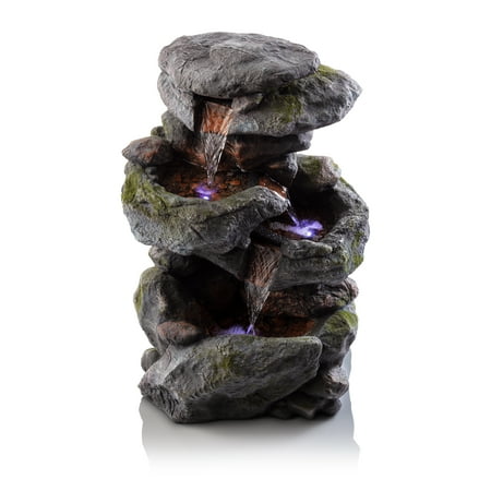 - Alpine Rock Waterfall Fountain With LED Lights, 22 Inch Tall