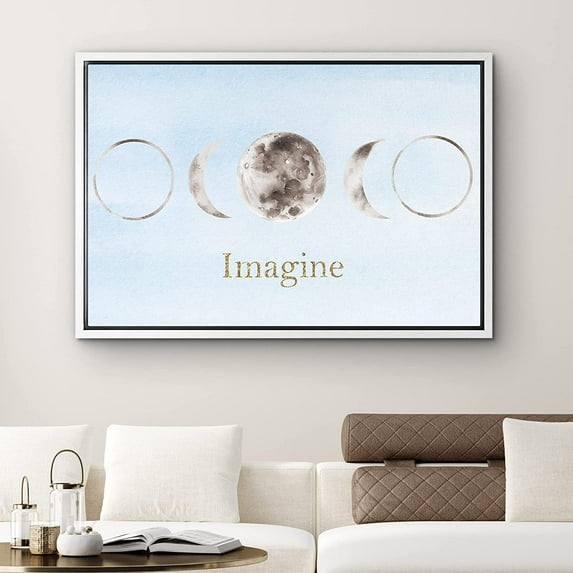 PixonSign Framed Canvas Print Wall Art Imagine Crescent and Full Moons Nature Clouds Illustrations Modern Art Chic Scenic Relax/Calm Blue Pastel for Living Room, Bedroom, Office - 24"x36" White