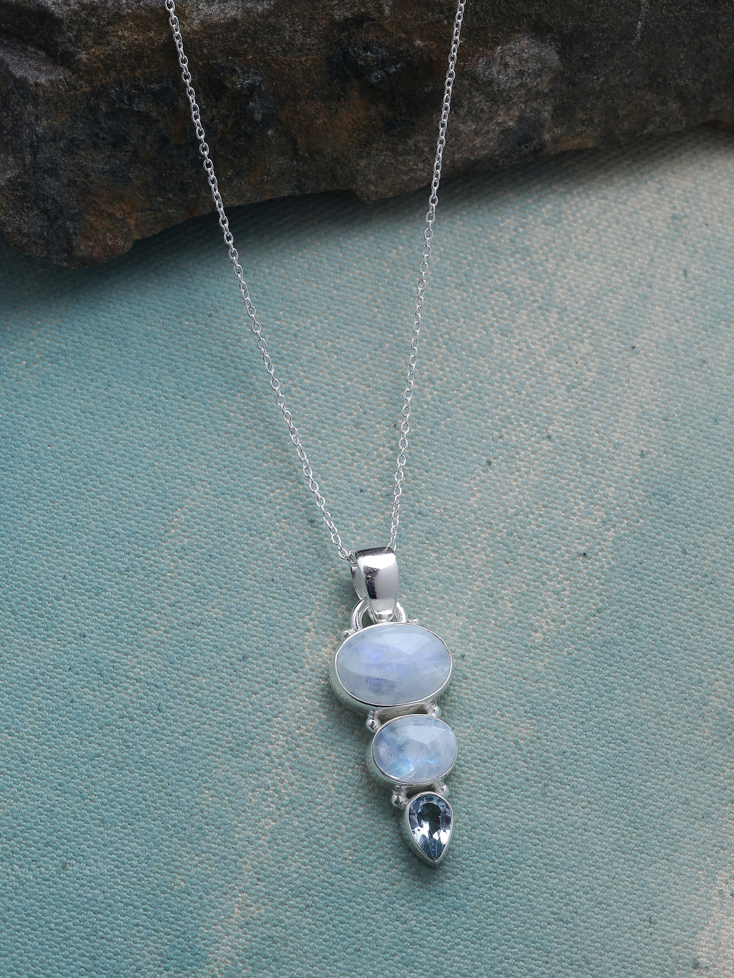 Moonstone Necklace Earrings SET Natural Mystic Solitaire Gemstones in 925 Silver