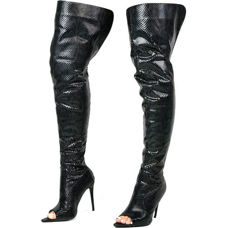 

QUIETTCEX Toxic Faux Snake Thigh High Over The Knee Boots Black Peep Toe Stiletto Heel Fashion Dress Boots for Women - Black Size 65