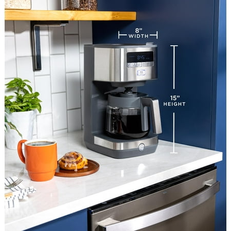 GE - 12 Cup Programmable Coffee Maker with Adjustable Keep Warm Plate and Glass Carafe - Stainless Steel