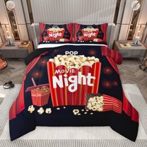 Manfei Vintage Cinema Tricket Bedding Comforter Set, Black Red Popcorn Filmstrip Twin Comforter Sets, Movie Theater Theme Reversible Bedding Set, Breathable Home Decor, 2-Piece