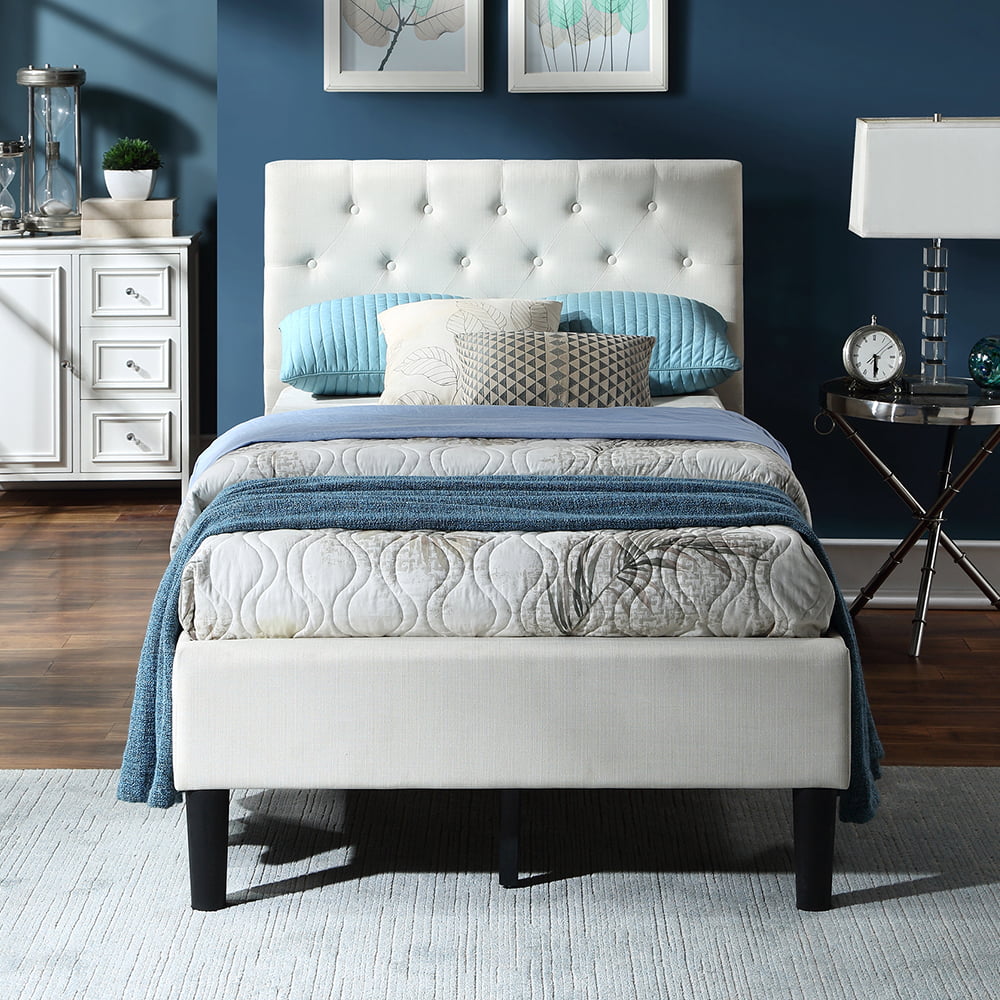 Beige Twin Bed Frame for Adults Kids, Modern Upholstered Platform Bed