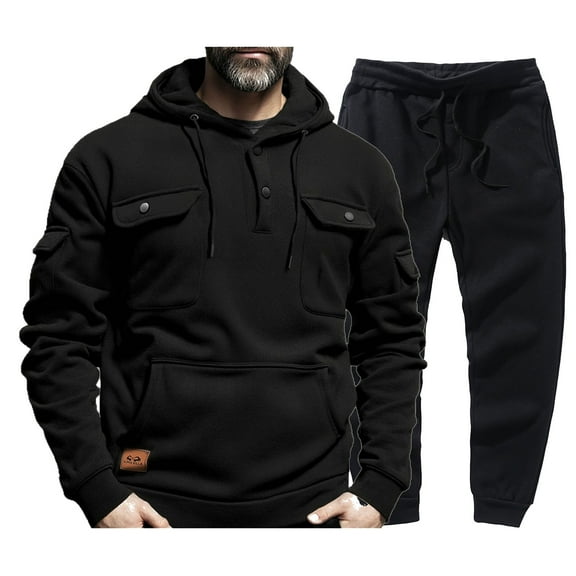 Xzbqbs Sweatsuits for Men 2 Piece Button Down Hoodie Tracksuit Sets Fleece Jogging Sports Casual Tactical Suits with Kangaroo Pockets