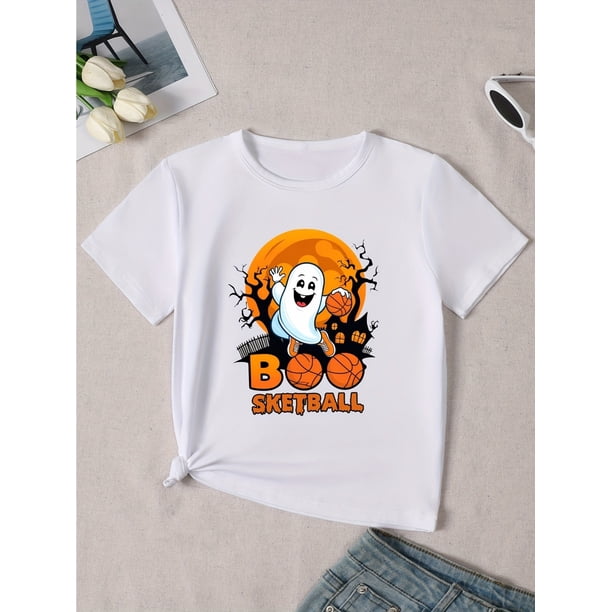 Halloween T-shirt -Halloween Boo Basketball Tee - Spooky Moon & Bats Design, Regular Fit Crew Neck, Medium Stretch Fabric, Perfect for Youngsters' Festive Sports Apparel, Halloween Tshirt