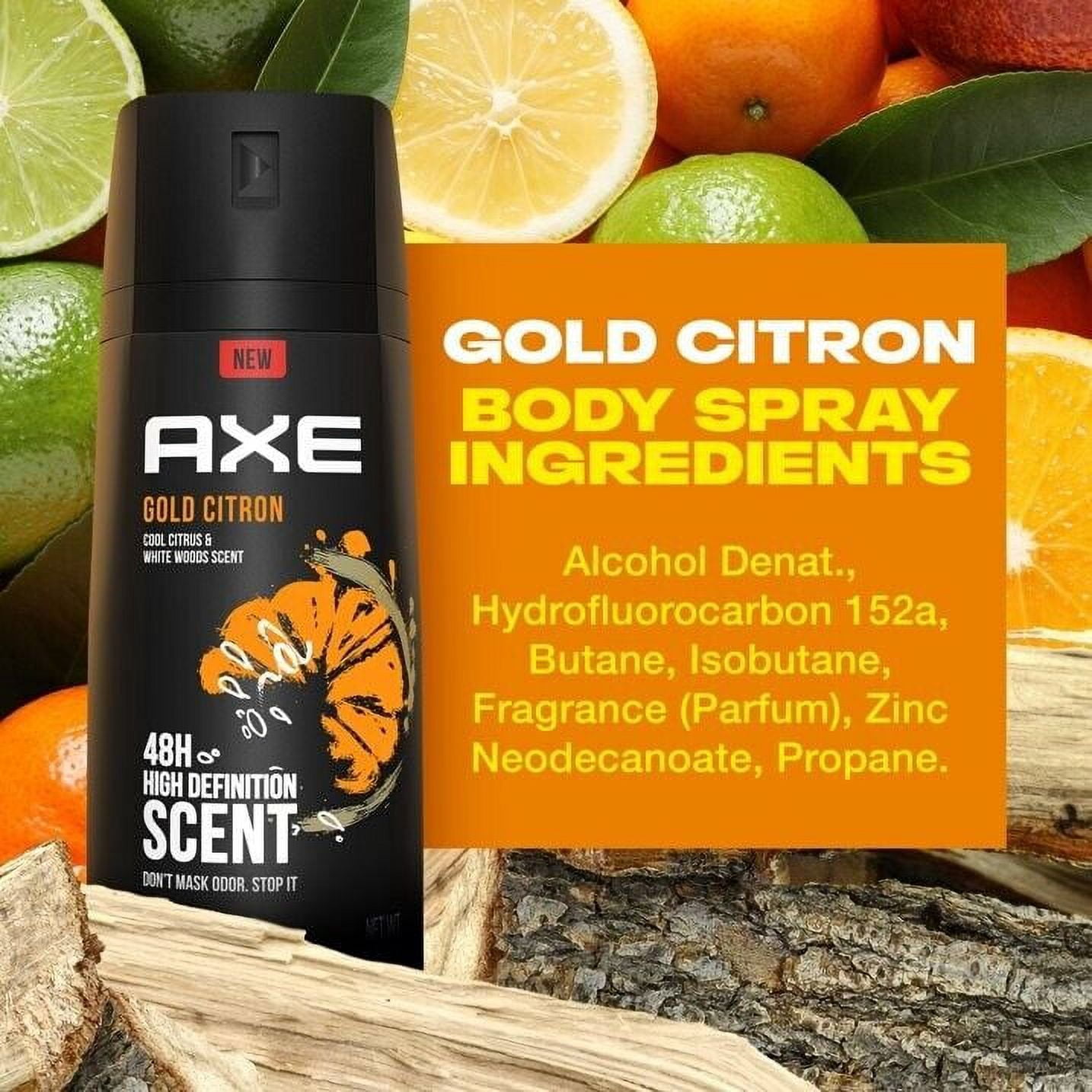 Axe Gold Citron Deodorant Natural Body Spray Cool Citrus White Woods - 4 oz 6pk