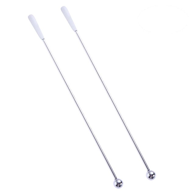 Juego de 5 palillos de cóctel de acero inoxidable con cuentas planas y redondas, palitos de fruta para martini (plateados)