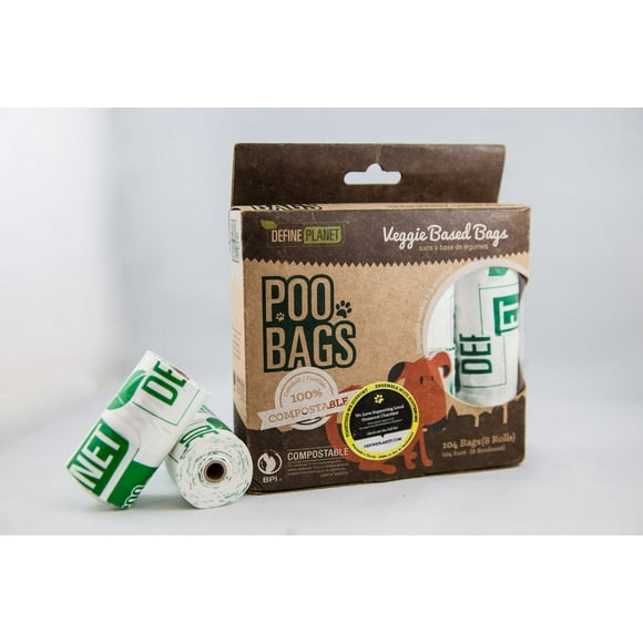 Define Planet™ Compostable Rouleaux de sacs faits à base de végétaux. 104 sacs, 8 rouleaux, 13 sacs par rouleau.