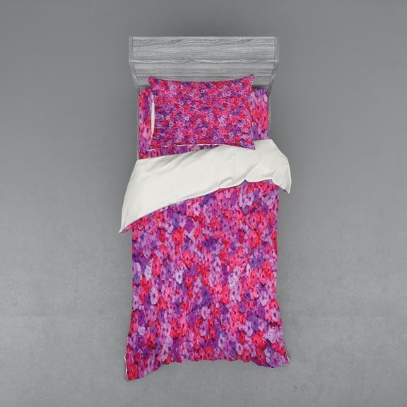 Ambesonne Colorful Bedding Set 3 Pcs, Spring Florets Flowers, Twin XL, Red Purple Lavender