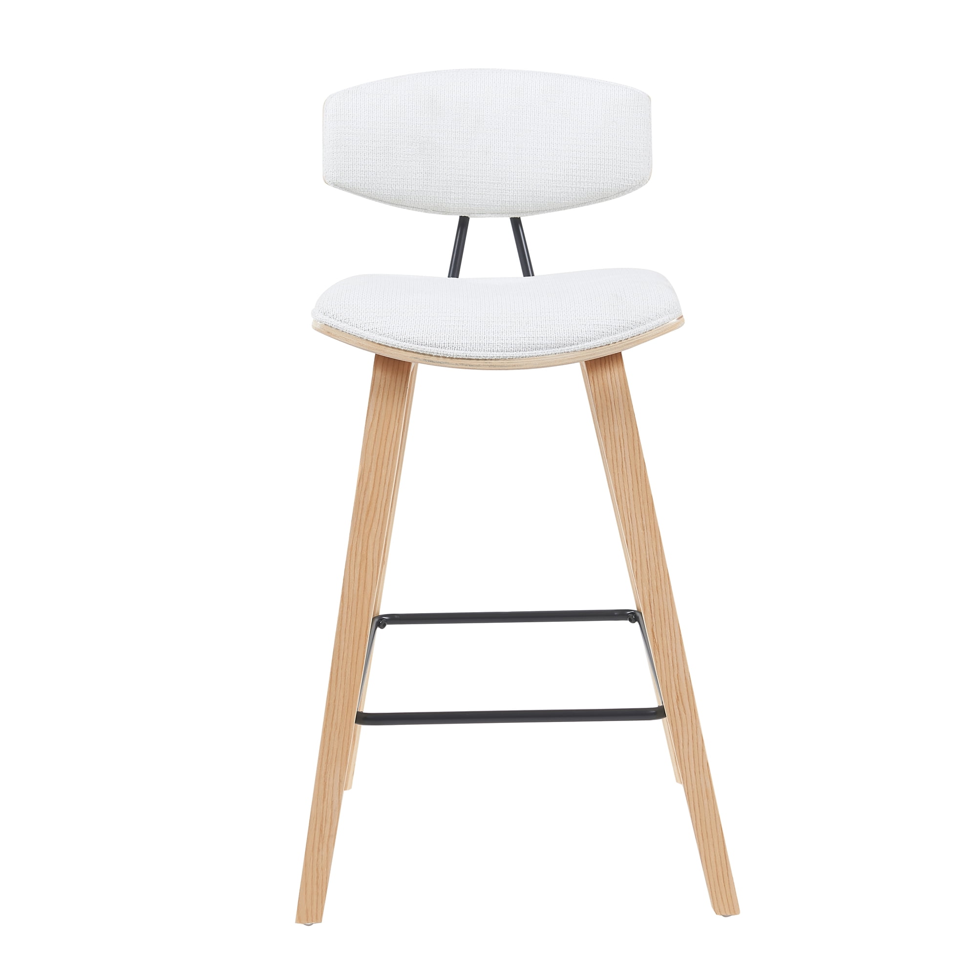 Fox Modern Swivel Bar Height Stool with White Upholstered Seat and Patterned Oak Wood Frame