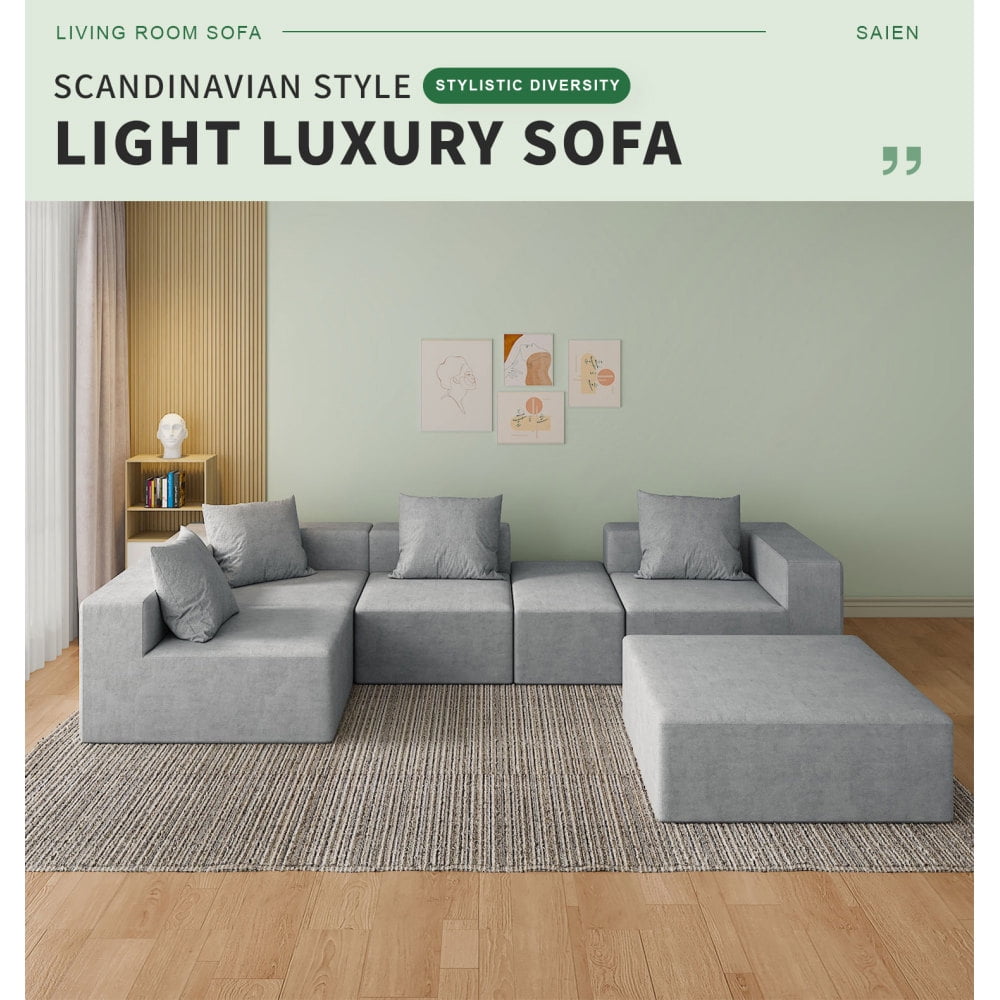 Gray Boneless Couch, Sectional Couches for Living Room, Modern Modular Sofa, 4-Seater with 2 Ottomans and Oversized Chaise