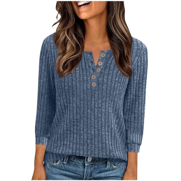 fheaev Ribbed Knit Tunic Shirts for Women Scoop Neck 3/4 Sleeve Button Down Tops Casual Henley Tee Shirt Pullover Knitted Striped Sweaters Loose Fit Blouses